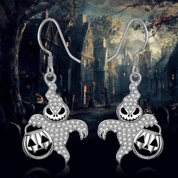 Halloween Sterling Silver Goblin CZ Earrings White Gold Plating - Picture 1 of 5
